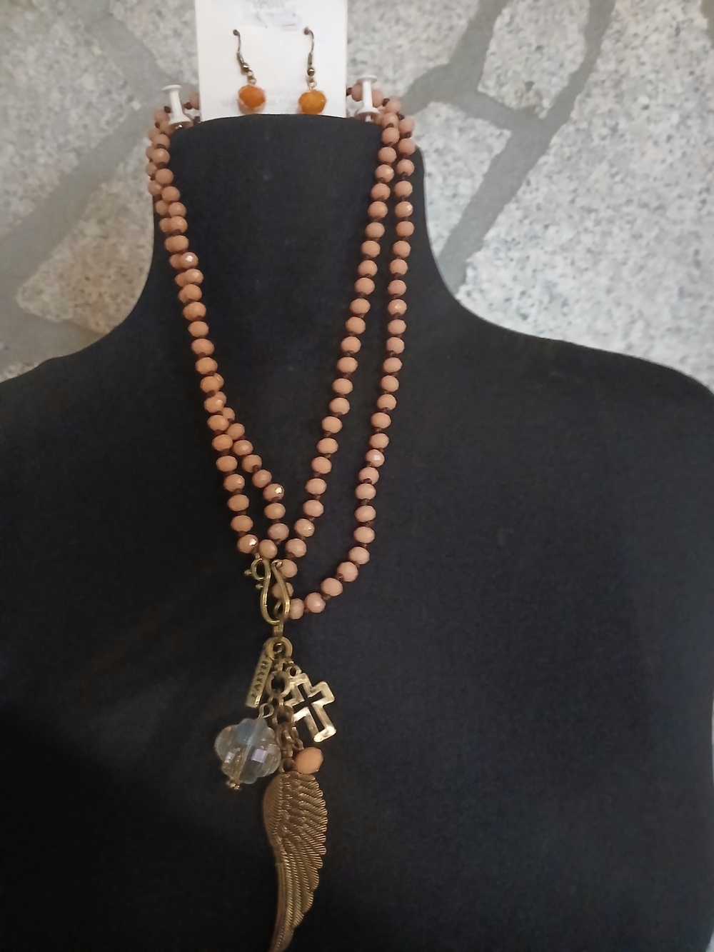 ICON Peach Beaded Layered Necklace with Gold Wing & Cross Charms